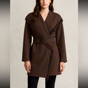 Wool Blend Brown Fringe Belted Wrap Coat Western Chic Boho Luxe Cozy Layering